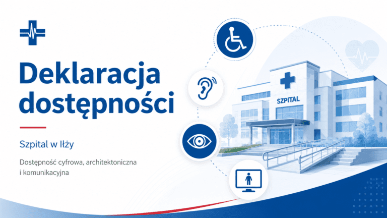 Grafika informująca o deklaracji dostępności Szpitala w Iłży, obejmującej dostępność cyfrową, architektoniczną i komunikacyjną.